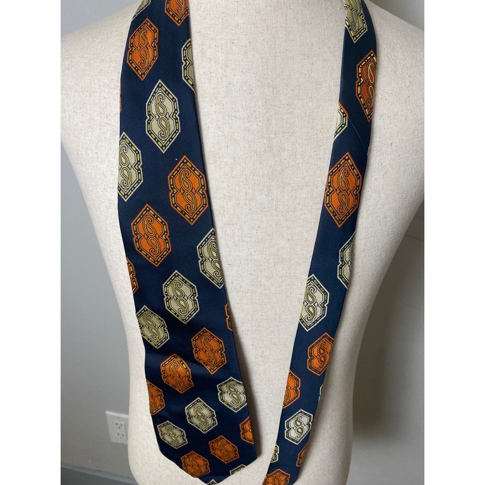 Vintage 70s Commodore Trevira Tie Navy Blue Orange Paisley Geometric Wide Retro